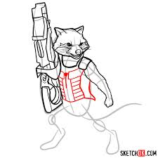 Next draw the outer curve of the head followed by the shapes of the ears and the inner shapes. How To Draw Rocket Raccoon Sketchok Easy Drawing Guides