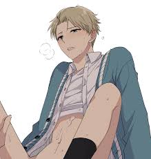 mello79, twilight (spy x family), spy x family, 2boys, bare legs, black  socks, blonde hair, blue eyes, blue jacket, blush, jacket, long sleeves,  male focus, multiple boys, open clothes, open mouth, open