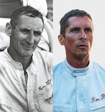 Ford driver Ken Miles is pictured at Le Mans in 1966 and as depicted by  Christian Bale in the movie 'Ford v Ferrari'. Ken Miles, a British driver  and racing engineer, was