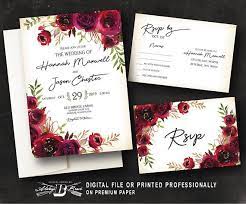 Red Burgundy Floral Wedding Invitation Rustic Wedding Etsy Floral Wedding Invitations Printing Wedding Invitations Digital Wedding Invitations
