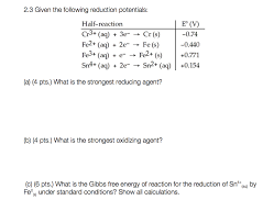 The best reducing agents are located at the bottom left of the periodic table (low electronegativity) and the best oxidizing agents are located at the top right of the periodic table (high electronegativity), excluding noble gases. Given The Following Reduction Potentials A What Chegg Com