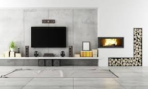 Ideen Fur Kamin Grau Interieur Beton Fernseher Stauraum Holz Lowboard Wohnzimmer Tv Tv Wand Wohnzimmer Kamin Wohnzimmer