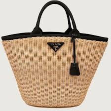 Prada Bag In Natural Wicker And Black Cotton Canvas At 1stdibs