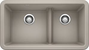 Double bowl kitchen sink in white with aqua divide. Ikon 33 1 Low Divide Silgranit Concrete Gray Blanco