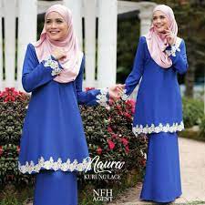Kain pearl crepe (ironless/tidak berbulu/lembut) cutting : Baju Kurung Moden Raya 2018 Naura Lace Royal Blue Saeeda Collections