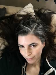 Long and wavy with choppy layered locks that reach the waist; White Streak Dark Hair Natural Gray Hair Gray Hair Positivity Self Acceptance Silver Hair Wh Long Gray Hair Transition To Gray Hair Grey Hair Don T Care