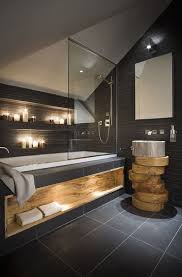 Enliven your bathroom with potted greenery and flowers for a chic look, use copper and brass details to give your dark bathroom a chic look. 35 Dark Bathrooms Ideas Dark Bathrooms Bathroom Inspiration Bathroom Design