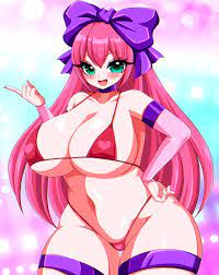 pinkchariot, princess robot bubblegum, grand theft auto, grand theft auto  v, highres, bikini, bow, breasts, choker, green eyes, hair ribbon, huge  breasts, navel, panties, pink hair, ribbon, swimsuit, thick thighs,  thighhighs, thighs,