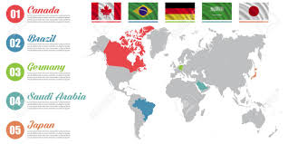 Pelo contrário, tanto em maio como no acumulado dos cinco primeiros meses de 2021 o reino saudita adquiriu volume maior que o de idênticos períodos de 2020. Infografico De Mapa Do Mundo Apresentacao De Slide Canada Brasil Alemanha Arabia Saudita Japao Conceito De Marketing De Negocios Cor Paises Com Bandeiras Ilustraciones Vectoriales Clip Art Vectorizado Libre De Derechos Image