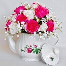 Teapot Silk Flower Arrangement Fuchsia Rosebuds White Etsy Silk Flower Arrangements Flower Arrangements Silk Flowers