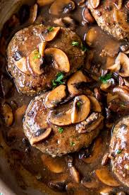 Grilled flank steak that is, and assorted mushrooms dry sautéed first, then sautéed with butter, shallots, and cooked down in a red wine reduction. Salisbury Steak With Mushroom Gravy Thm S Low Carb