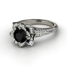 Round Black Diamond 14k White Gold Ring With Diamond Brilliant Lotus Ring Black Diamond Lotus Ring White Gold Black Diamond Ring Sterling Silver Garnet Ring