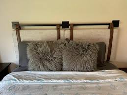 This nathan james harlow 72 in. Reviews For Nathan James Harlow 72 In King Wall Mount Gray Upholstered Headboard Adjustable Brown Leather Straps And Black Metal Rail 94202 The Home Depot