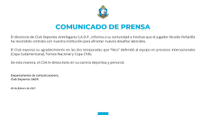 Nicolás peñailillo is 29 years old，birstday is 1991/06/13 utc, and he is 176 cm tall and 70 kg. C D Antofagasta On Twitter Comunicado Nicolas Penailillo Cda