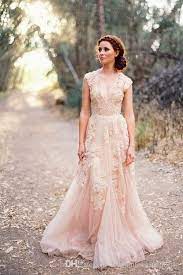 Vintage Blush Pink Lace V Neck A Line Wedding Dress Bridesmaid Dresses Boho Lace Dress Boho Bridal Gowns