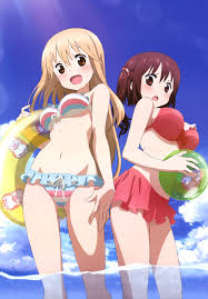 doma umaru, ebina nana, himouto! umaru-chan, nyantype, absurdres, highres,  non-web source, official art, 10s, 2girls, bikini, blonde hair, breasts,  brown eyes, brown hair, cloud, day, innertube, large breasts, long hair,  looking back,