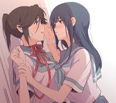 sawara65, kasaki nozomi, yoroizuka mizore, hibike! euphonium, liz to aoi  tori, highres, 2girls, black hair, blue eyes, blue hair, blue neckerchief,  blue sailor collar, blue skirt, blush, hands on anothers wrists, hands