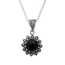 Sterling Silver Whitby Jet Marcasite Round Beaded Edge Necklace In 2020 Sterling Silver Pendants Amazing Jewelry Jewelry