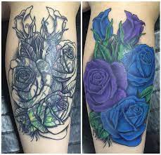 Purple And Blue Rose Cover Up Tattoo Evolution Ink Studio Fayetteville Nc Artist Shane Rose Tattoo Cover Up Rose Tattoos Purple Rose Tattoo