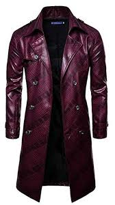 Fubotevic Men S Belted Pu Leather Double Breasted Stylish Long Trench Coat Jacket Overcoat Wine Red Leather Jacket Men Trench Coat Men Long Trench Coat