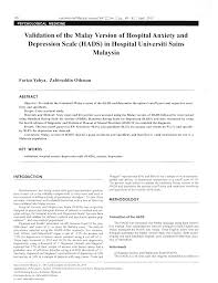 Pdf Validation Of The Malay Version Of Hospital Anxiety And Depression Scale Hads In Hospital Universiti Sains Malaysia