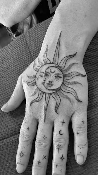 𖤓 Sun and moon ⏾, Hand and finger piece for Melissa ✧ thank you for the fun project and for choosing this lovely design 🫶, •, •, •, @openmindtattoostudio