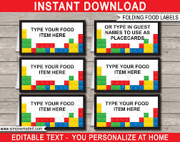 A free printable 30 day lego challenge calendar to use. Lego Party Food Labels Place Cards Lego Theme Birthday Party