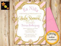 Spanish Baby Shower Invitation Girl Pink And Gold Diagonal Etsy Gold Baby Shower Invitations Baby Shower Invitations Baby Shower Invites For Girl