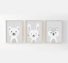 Tableau peint triptyque gris abstrait. Decoration Chambre Enfant Ours Lapin Renard Les Voiles De Leon