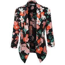 LE3NO Womens Textured Floral Print 3/4 Sleeve Blazer Jacket ($21) ❤ liked 