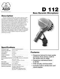 Akg d112 mkii dynamic microphone at a glance: Akg D112 Specifications Pdf Download Manualslib
