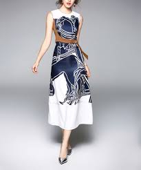 Kaimilan White Blue Abstract Contrast Tie Sleeveless Midi Dress