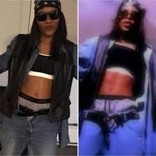 A denim outfit for the ages this time around, aaliyah was able to blend the industrial look of denim with some golden highlights. Aaliyah Costume Back And Forth For Halloween Rip Queen Grunge Fashion Outfits Aaliyah Costume Halloween Costume Outfits