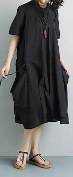 Elegant Linen Cotton Dress Plus Size Summer Short Sleeve Stripe Pockets Fake Two Piece Black Dress Black Short Dress Winter Dress Outfits Plus Size Dresses