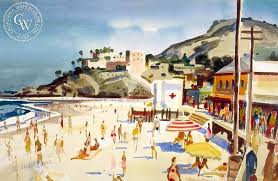 Main Beach Laguna 1952 California Art Arches Watercolor Paper Art