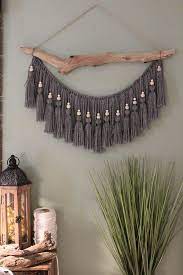 Large Gray Beaded Tassel Driftwood Wall Hanging In 2021 Yarn Wall Art Wall Hanging Diy Macrame Wall Art