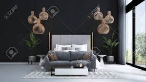 Graham & brown's black wallpaper is available in the latest shades and styles. The Interior Design Of Modern Tropical Bedroom And Black Wall Stock Photo Picture And Royalty Free Image Image 149767413