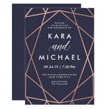Black And Rose Gold Wedding Invitations Geometric Faux Rose Gold On Midnight Blue Wedding Invitation Zazzle Com Geometric Wedding Invitation Blue Wedding Invitations Black Wedding Invitations
