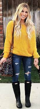 Winter Outfits Yellow Knitted Shirt And Distressed Blue Jeans With Black Boots Casual Fall Outfits Fall Outfits Fashion