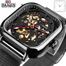 haiqin fashion sport mens watches top brand luxury square mechanical watch men wirstwatch hollow skeleton erkek kol saati 2019 gold lack in 2021 watches for men mens watch brands mechanical watch men