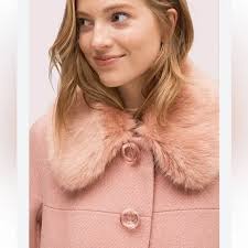 Kate Spade Womens Pea Coat Sz 6 Pink pink Wool Twill Faux Fur Collar Trench