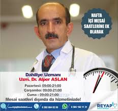 Dahiliye Uzmanı Uzm. Dr. Alper ASLAN hafta içi mesai saatlerine ek olarak  hastanemizde çalışmaktadır. ➡️Pazartesi 09.00-21.00 ➡️Çarşamba 09.00-21.00  ➡️Cuma 09.00-21.00 mesai saatleri dışında da hizmetinizde! Detaylı bilgi ve  Randevu için; 0282 684