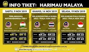 Indonesia akan menantang tuan rumah malaysia dalam lanjutan kualifikasi piala dunia 2022 pada selasa (19/11) malam wib. Harga Tiket Malaysia Vs Thailand 14 11 2019 Kelayakan Piala Dunia Arenasukan