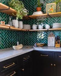 Black And Gold Kitchen Tiles Green Tile Backsplash Marble Countertops Black Cabinets Open Shelving Steel Brackets Gold H Green Kitchen Backsplash Kitchen Renovation Home Decor Kitchen