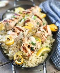 Efficiency is the name of the game. Greek Salmon Kabobs With Oven Baked Lemon Rice Laughing Spatula