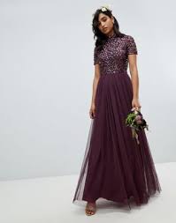 Maya High Neck Maxi Tulle Dress With Tonal Delicate Sequins In Berry Plum Bridesmaid Dresses Sequin Bridesmaid Dresses Bridesmaid Dresses With Sleeves