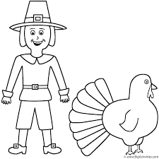 Print and color pictures of the first harvest feast celebration with pilgrims and native americans sharing a meal in massachusetts. Pilgrim With Turkey Coloring Page Thanksgiving