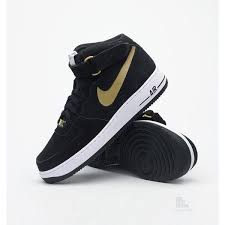 White Black And Gold Air Force Ones Nike Air Force 1 Mid Black Gold Liked On Polyvore Classic Sneakers Sneakers Mens Nike Air