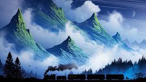 Click To Download The Image Preview Wallpaper Train Mountains Art Fog Smoke Related Hashtags Art Cool Backgrounds Desktop Wallpapers Backgrounds Mountain Art