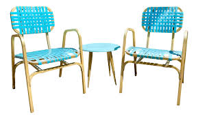Our chairs are crafted from durable indoors and out, invite a gathering of friends with comfortable armchairs, side chairs pair your favorite chair with one of our dining tables, or match the grove teak dining chairs with the. Mid Century Modern Gold Tone And Sky Blue Outdoor Lounge Chairs And Side Table Chairish